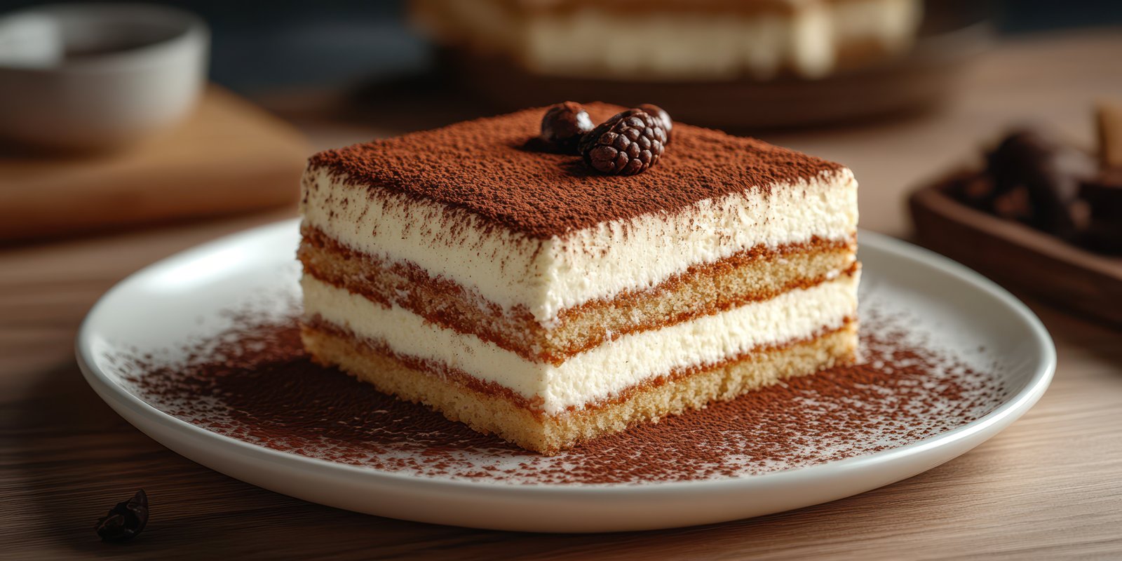 Delicious homemade tiramisu served on a white plate with cocoa powder and coffee beans on top